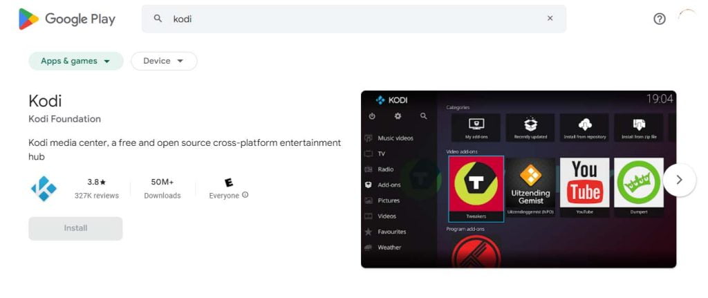 Kodi in Google Play Store